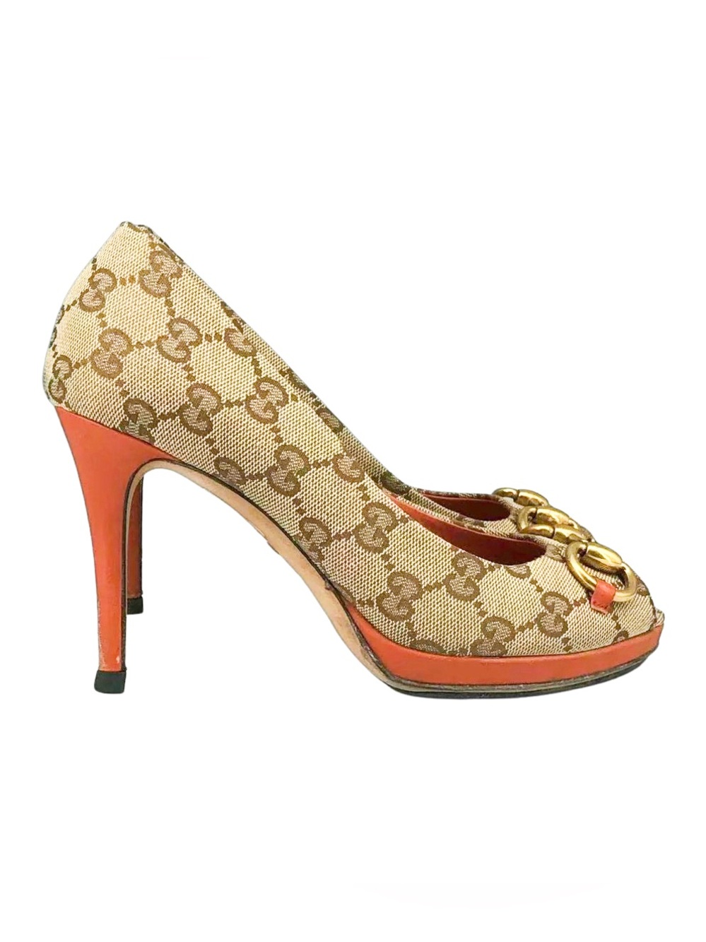 Gucci GG Canvas Horsebit Peep Toe Heels Pumps Size 36